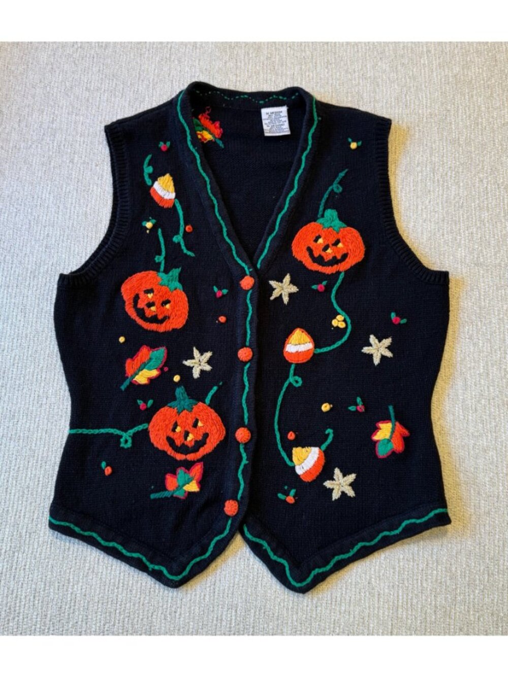 Vintage Embroidered Halloween Vest Womens Medium Black Orange Pumpkins
